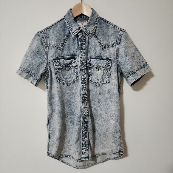True Religion Other - True Religion Mens Western Woven Shirt Short Sleeve Acid Wash Blue Denim Size S